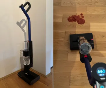 Split picture of Dyson WashG1 cleaner and some crushed tomatoes on a wooden floor