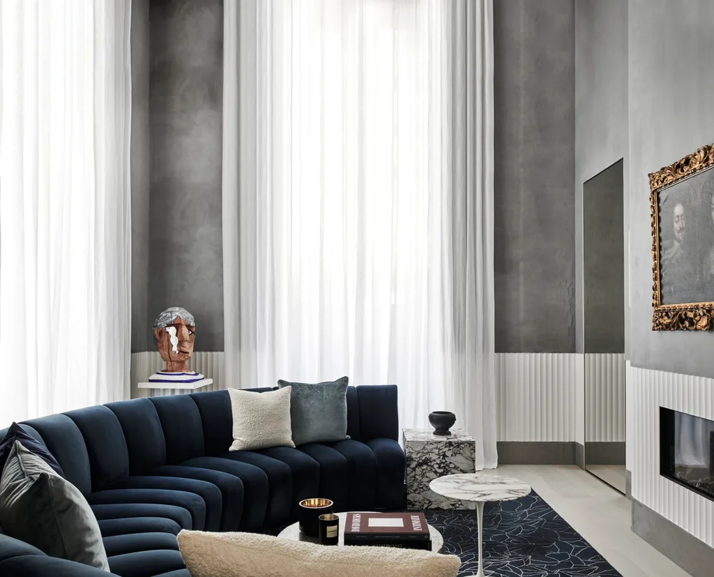 modern minimalist grey home blue couch