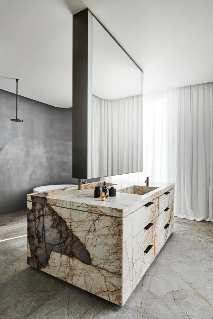 modern minimalist grey home marble ensuite