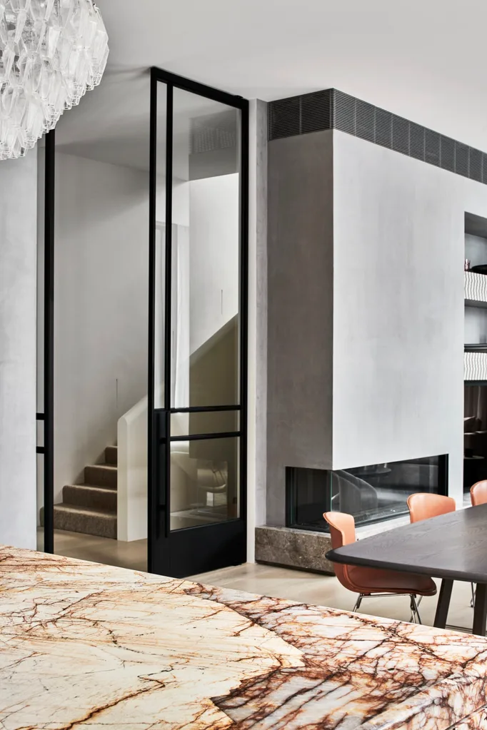 modern minimalist grey home marble counter and staircase