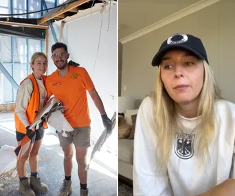 Split picture of Paige and Jesse on The Block site, and Paige in a selfie video posted to Tiktok.