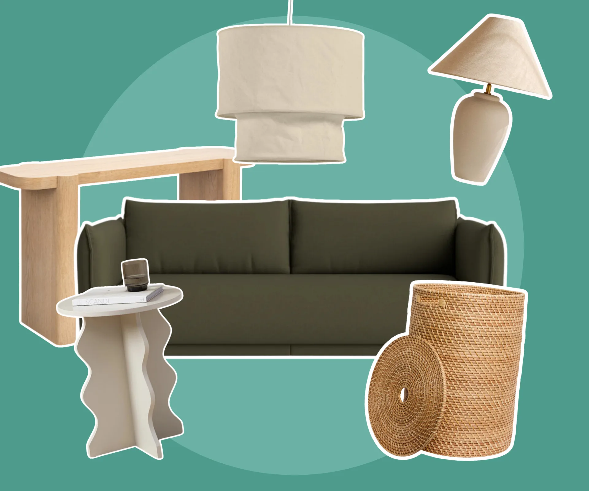 A collage of furniture, including a Koala sofa, rattan laundry basket and beige lamps