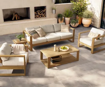 A timber and neutral-toned outdoor setting in a modern alfresco area with pieces from Castlery