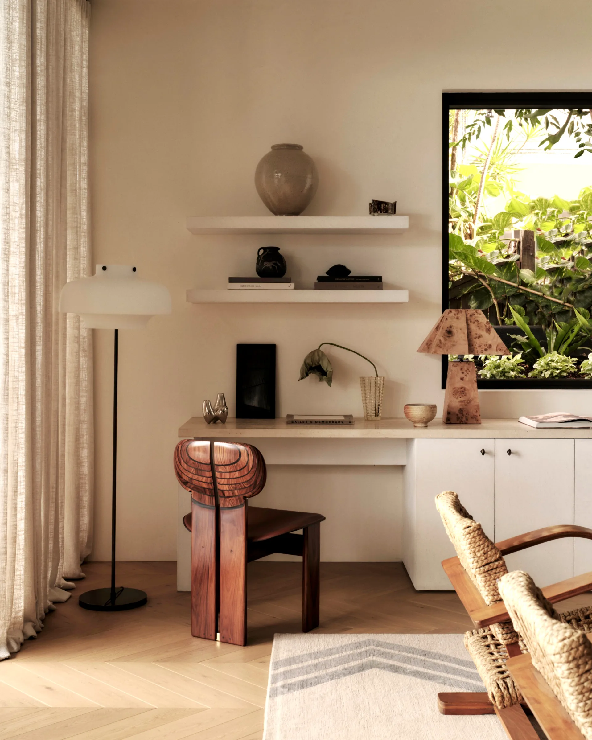 Neutral green study nook styling ideas