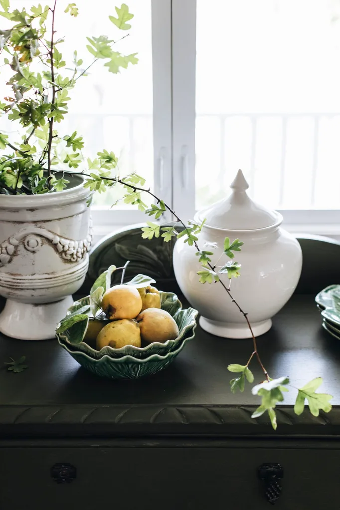 A vignette of a dark green cabinet with a green cabbage bowl, a plant in a white pot and a white, ornamental ceramic urn.