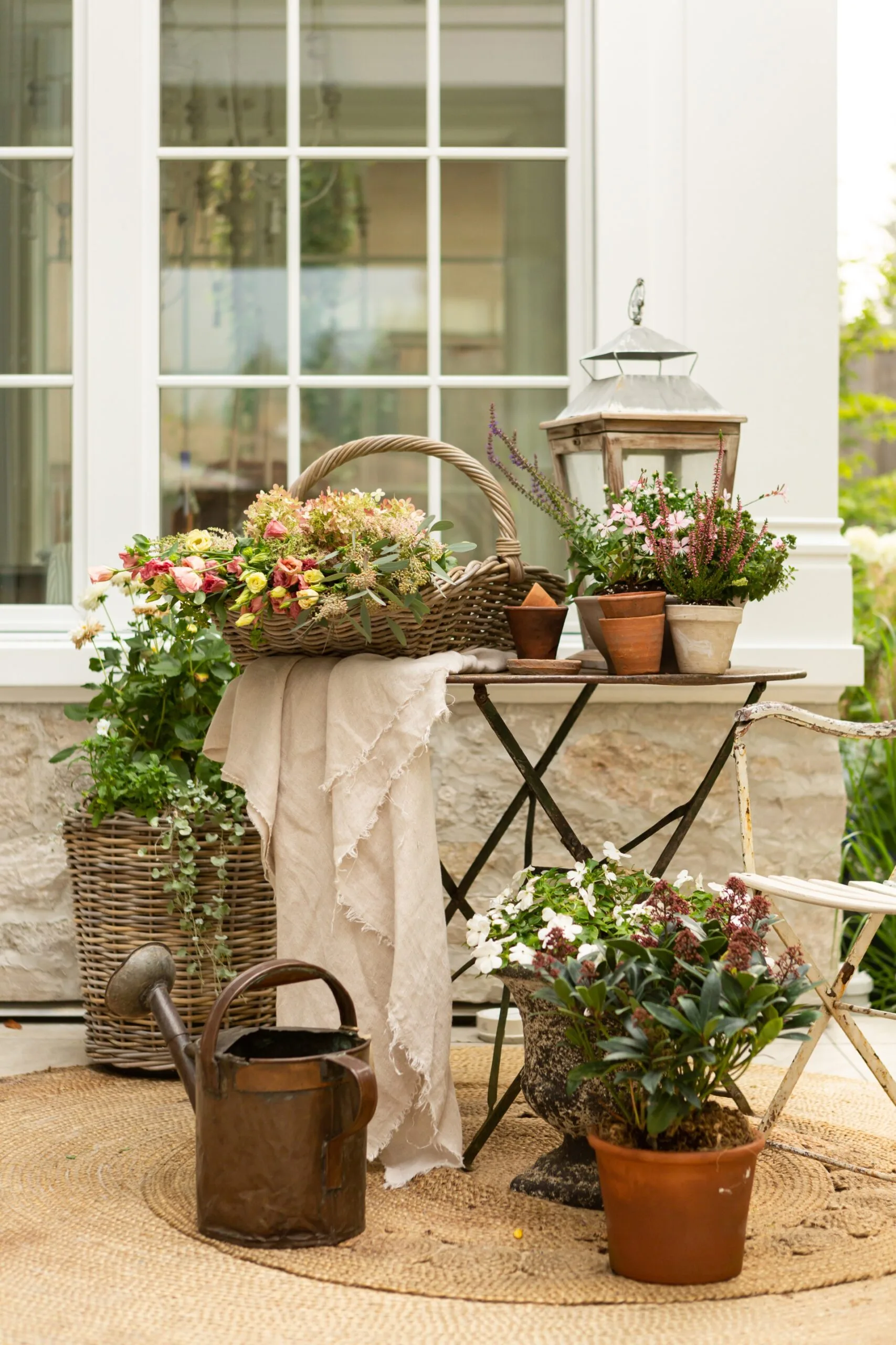 An outdoor table and chairs laden with flowers and plants.
