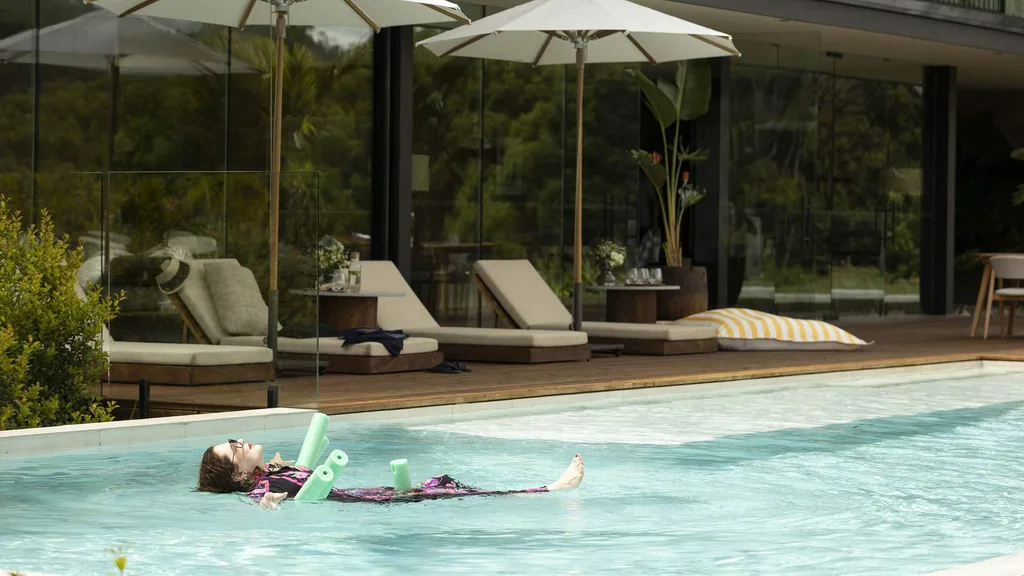 Melissa McCarthy in the pool on the set of Nine Perfect Strangers at Soma, Byron Bay.