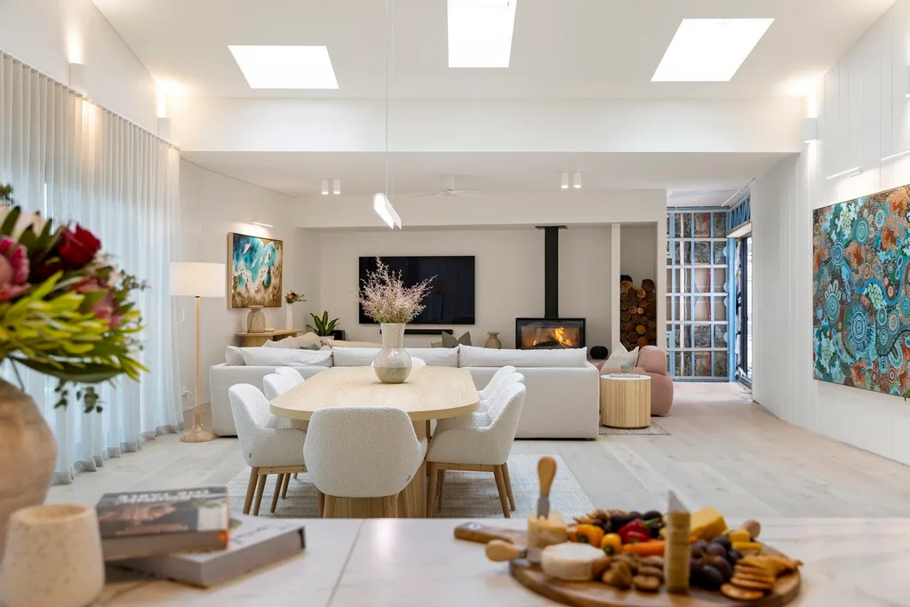 The neutral-toned living and dining space in Ricky and Haydn's renovated house on The Block