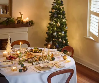 A dining room decorated with Christmas ornaments and a lit Christmas tree