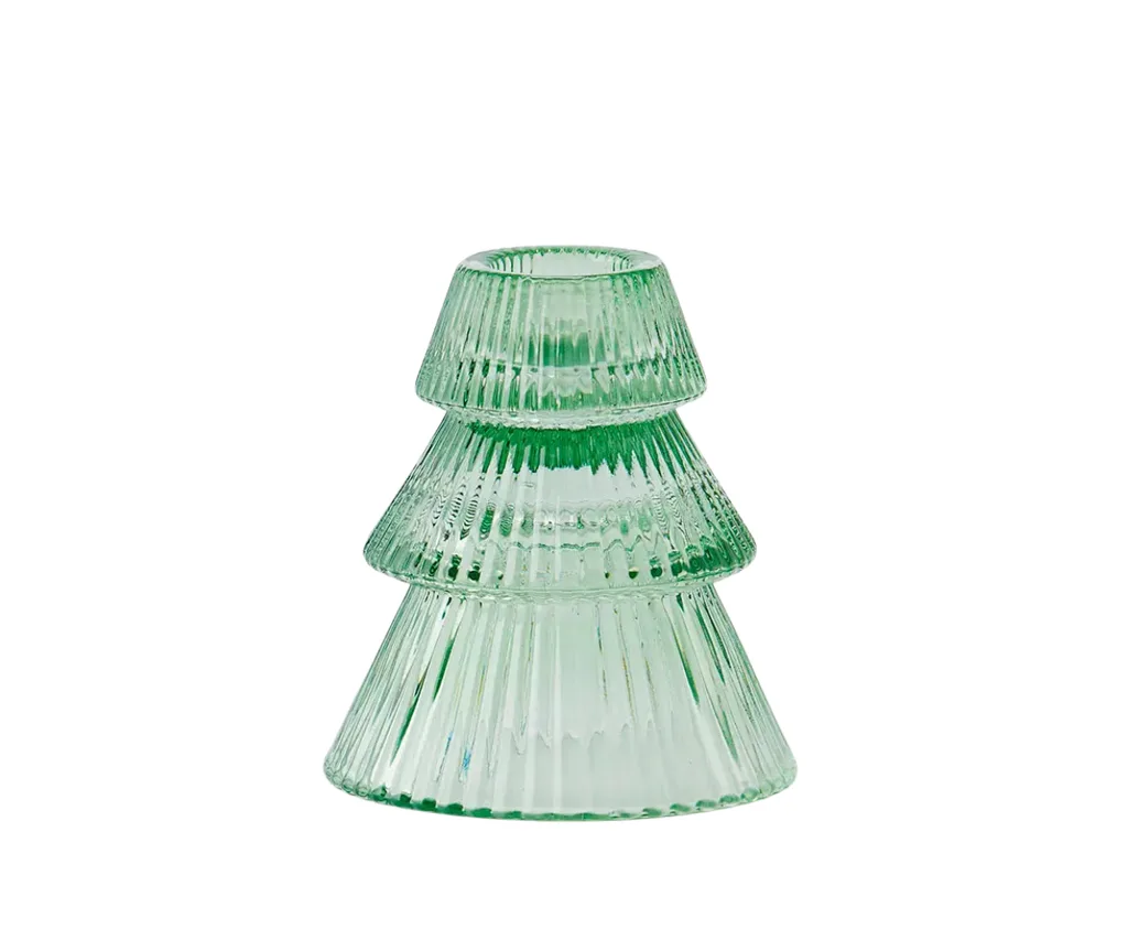 A Christmas tree-shaped glass candle holder