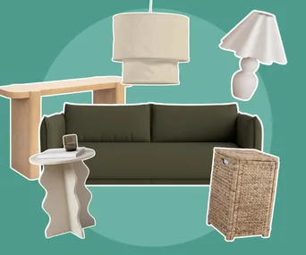 A collage of furniture, including a Koala sofa, rattan laundry basket and beige lamps