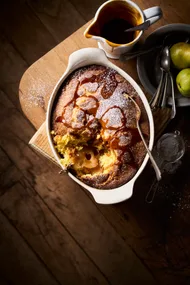 Pear sponge pudding with caramel sauce