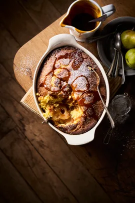 Deliciously light pear sponge pudding with caramel sauce