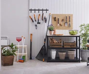 A shed with garden tools from Fiskars