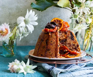 Christmas pudding with glace fruit and flowers