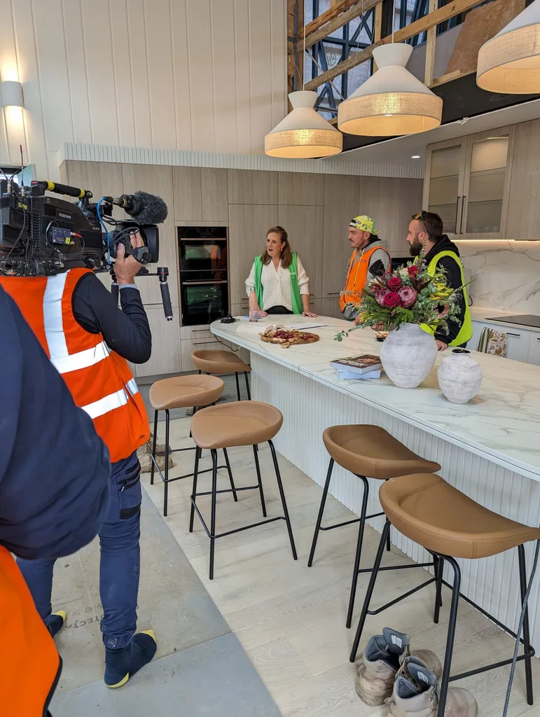 Property expert Alice Stolz with Ricky and Haydn at The Block