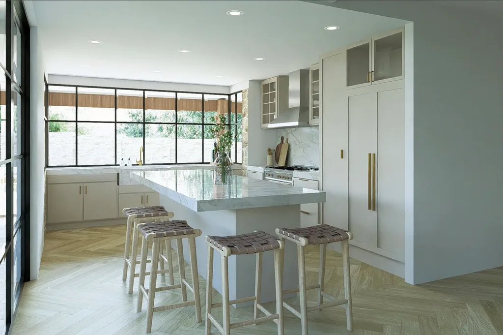 A render of a contemporary kitchen with marble benchtops