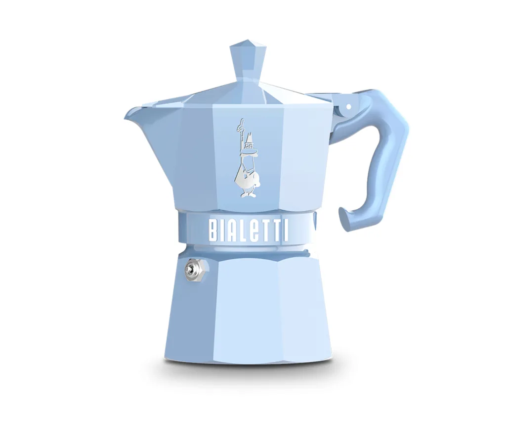 A light blue Bialetti Moka pot