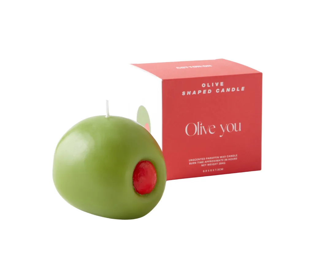 An olive-shaped candle
