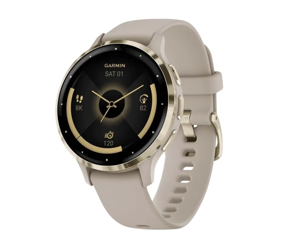Garmin Venu smartwatch with a grey wristband