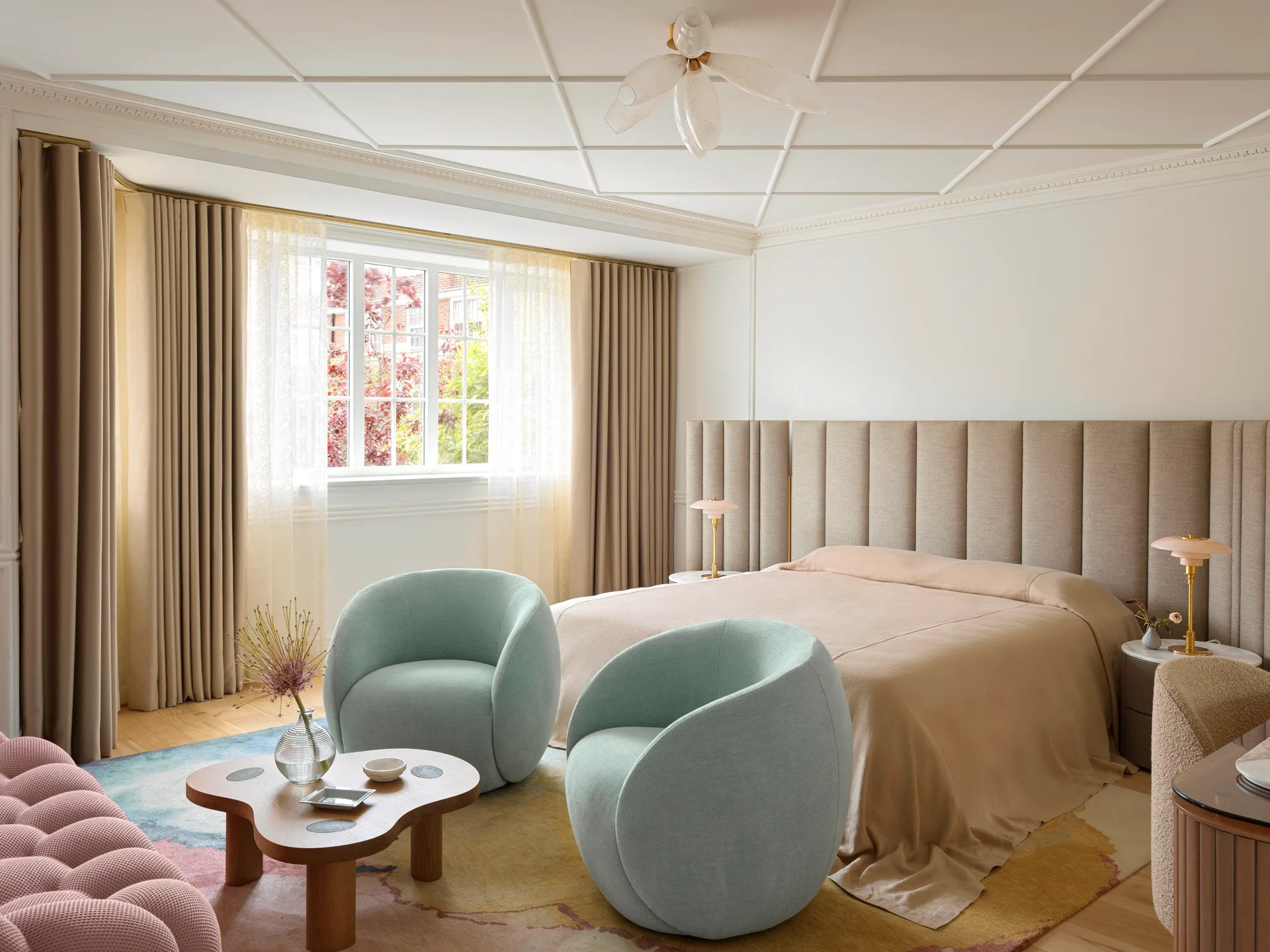 A contemporary bedroom with pastel hues