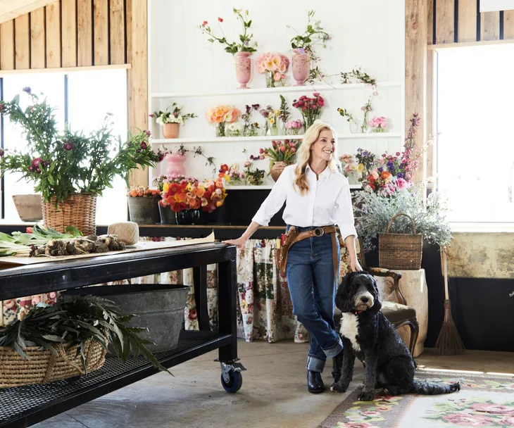 Candice Burger at Oxley Hill Farm Flowers with her dog