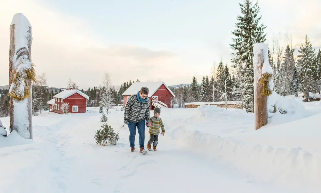 Grandmother and grandson playing in the snow