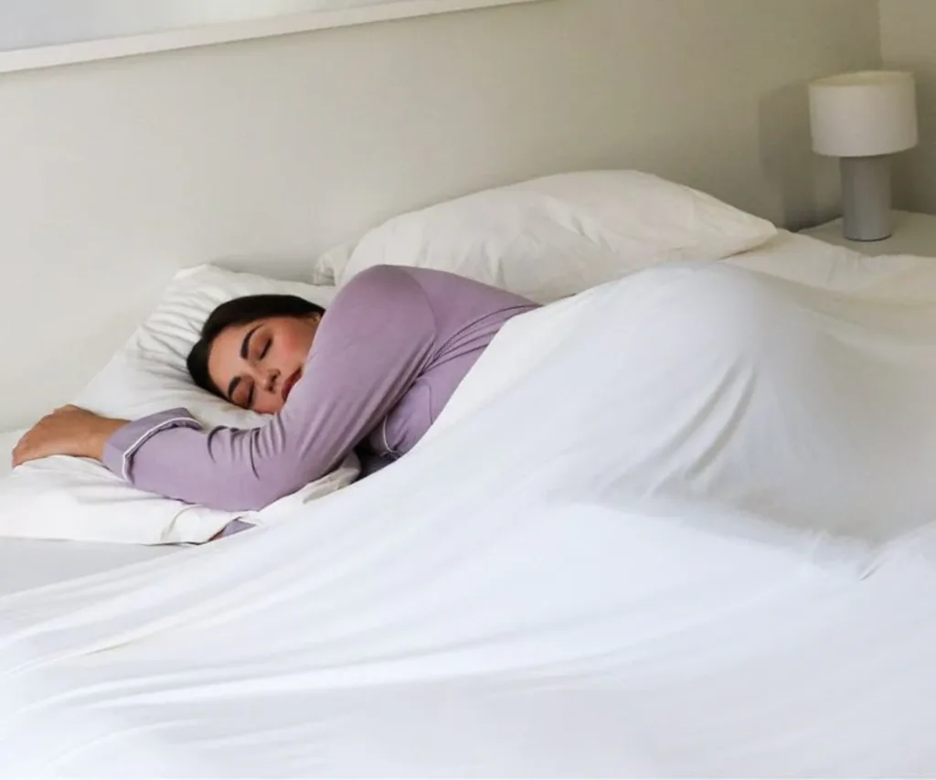 A person sleeping beneath a Morgan and Reid Cooling Sheet