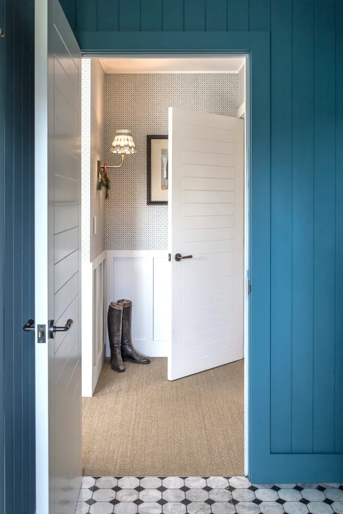 A doorway with blue walls