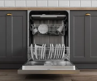 front on image of open dishwasher full of white plates.