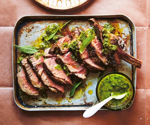 Make this decadent rib eye steak with mint salsa verde