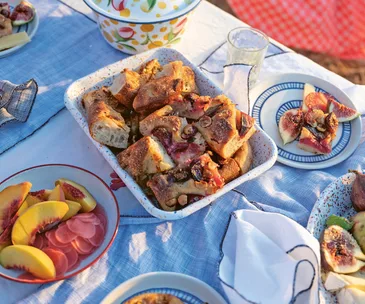 Summer dinner with focaccia and peaches