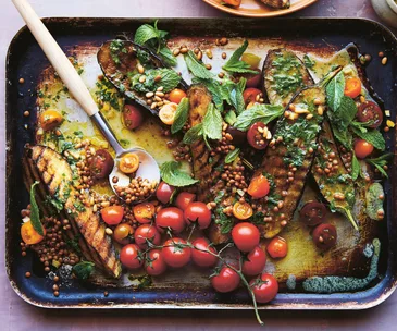 Grilled eggplant with lentil salad and lemon-mint dressing