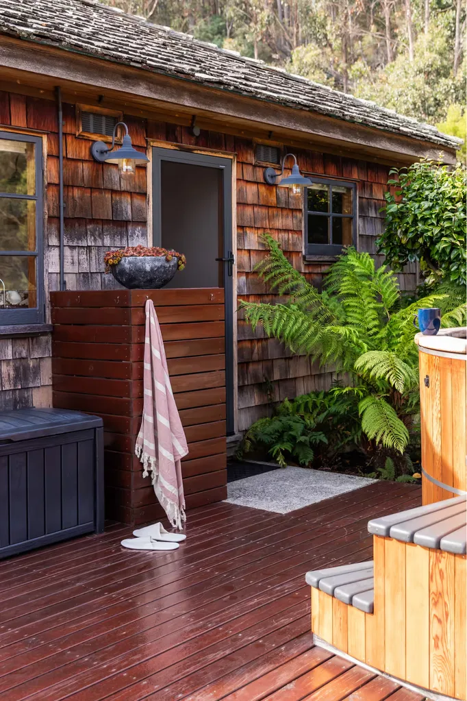 Outside Cedar Cottage, an eco cabin in Tasmania
