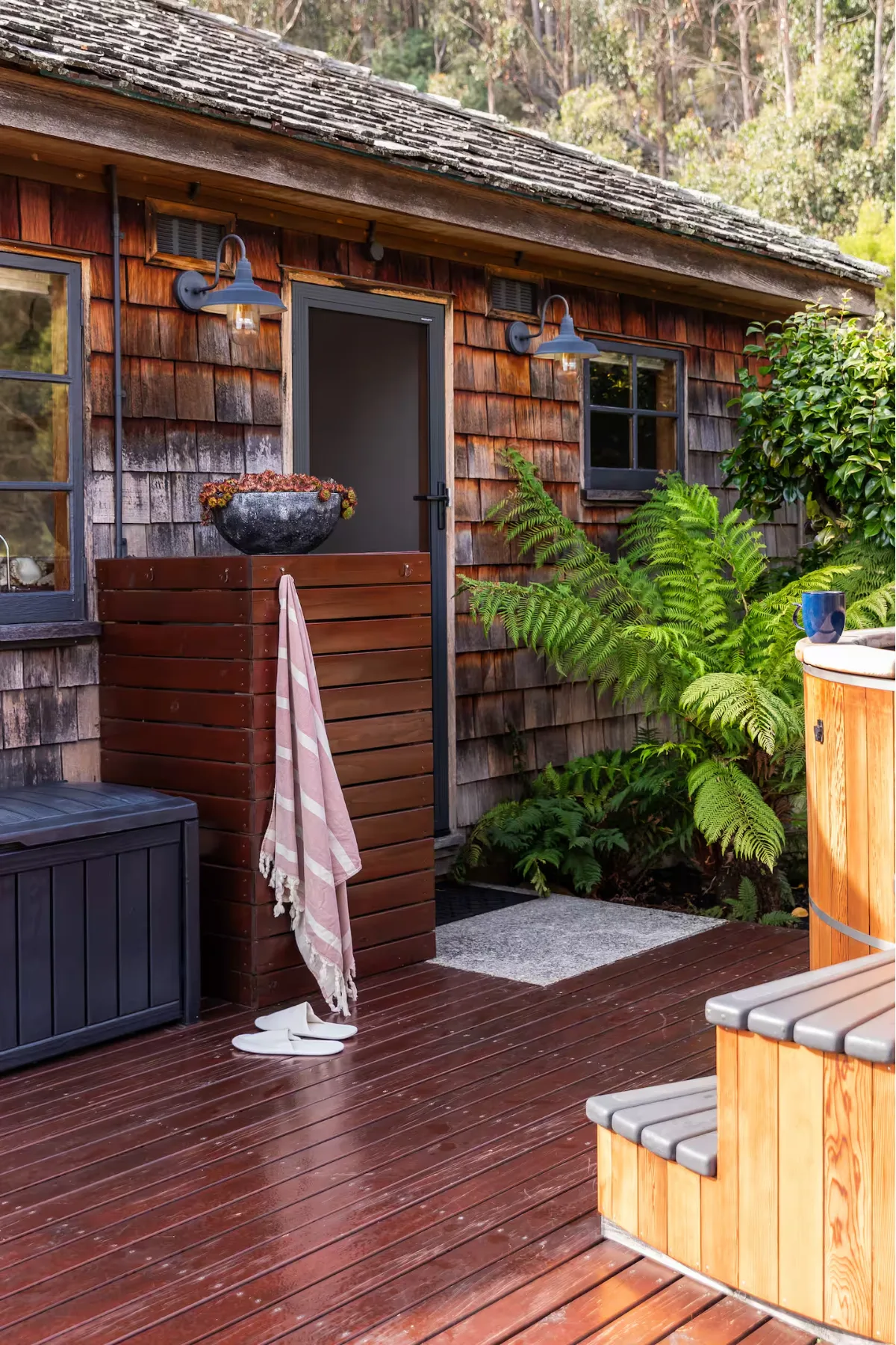 Outside Cedar Cottage, an eco cabin in Tasmania