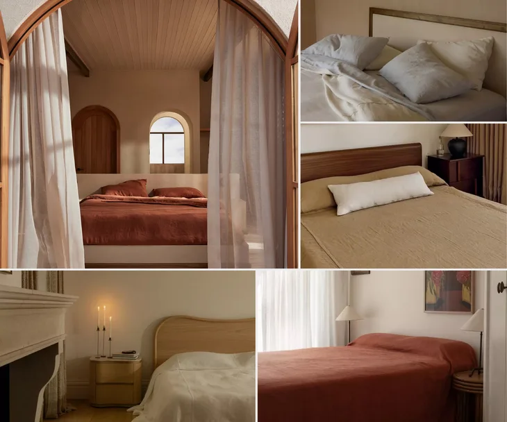 A collection of beds styled with Cultiver bed sheets