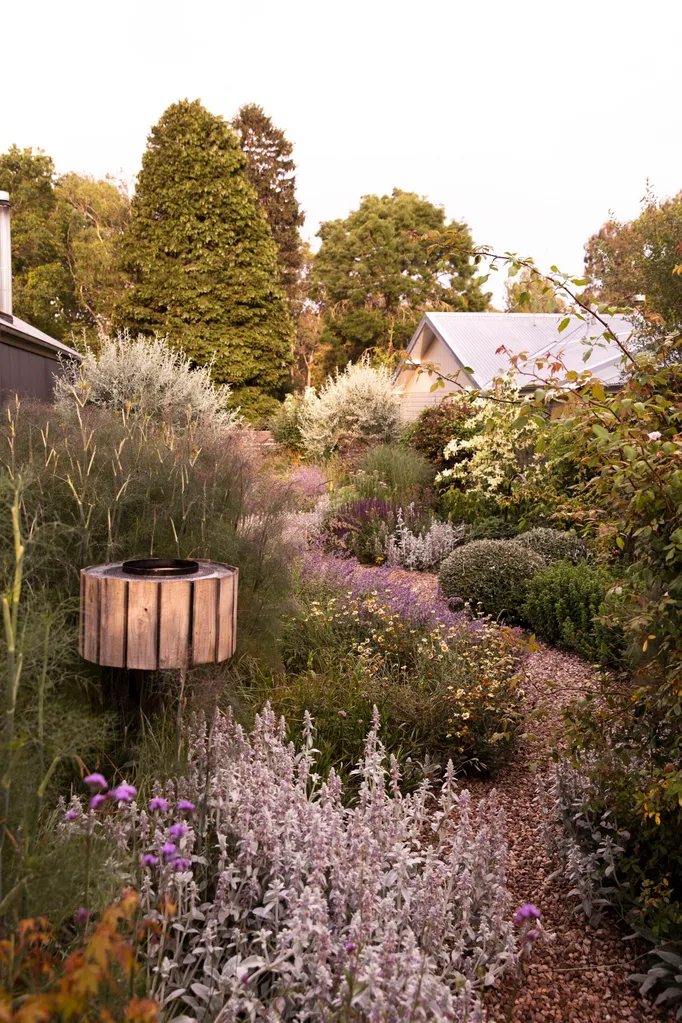 A meandering garden path is almost obscured by overflowing flowers, grasses and plants in this garden designed by Tim Pilgrim