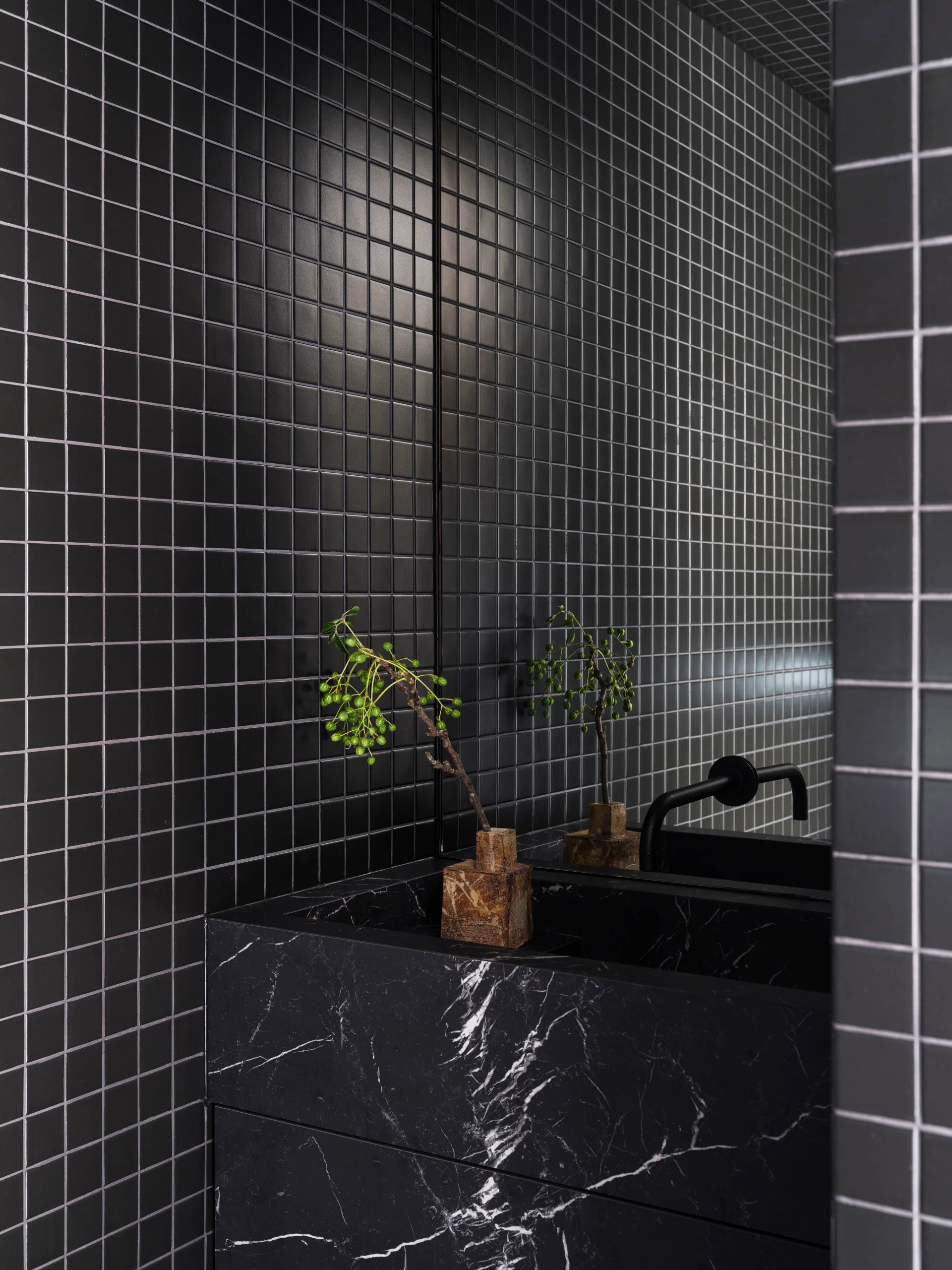 Black tile powder room