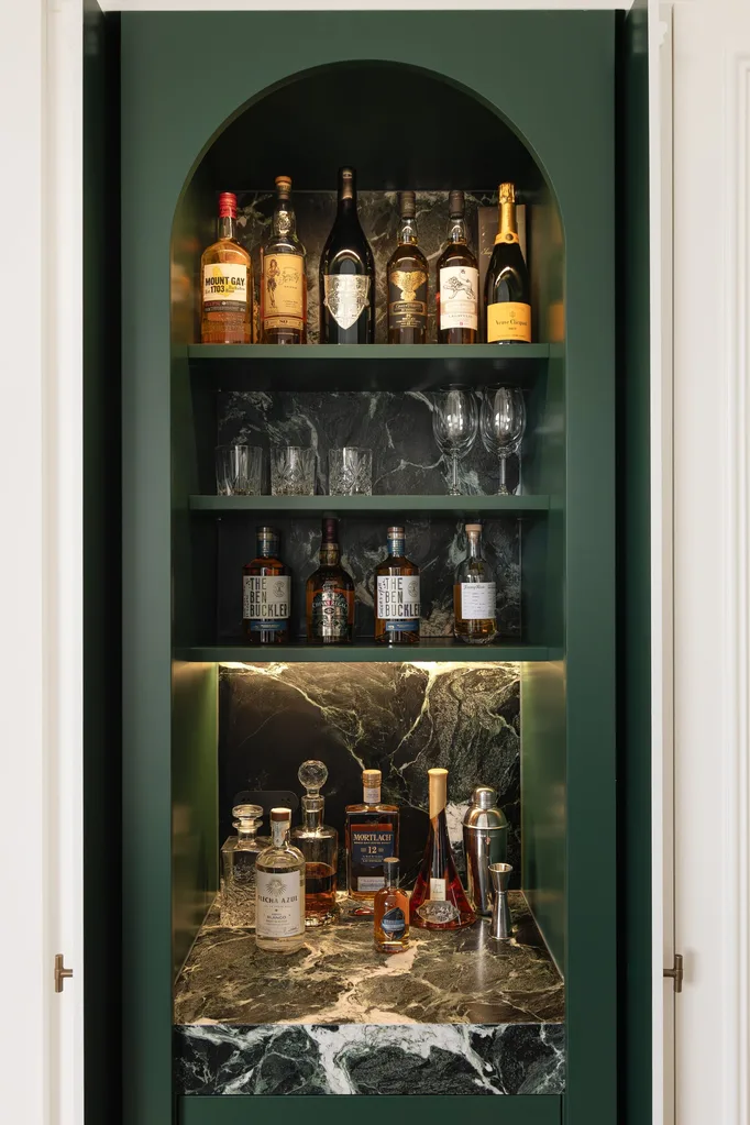 A close up of the green built-in bar