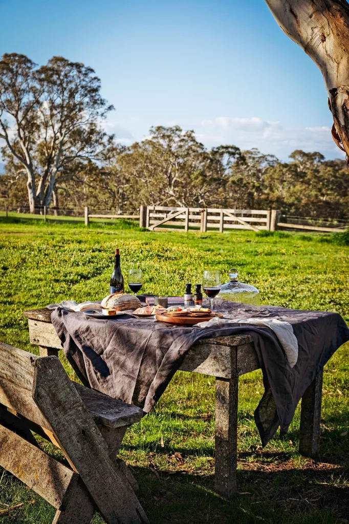 Timber table set with bread and wine in a sunny paddock
