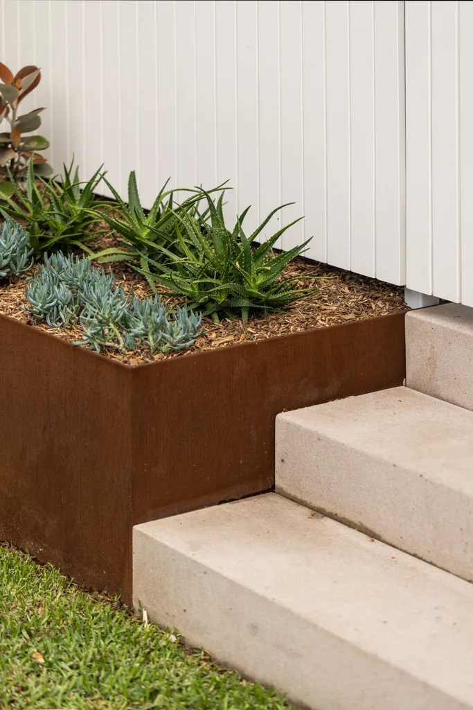 A raised garden bed with succulents