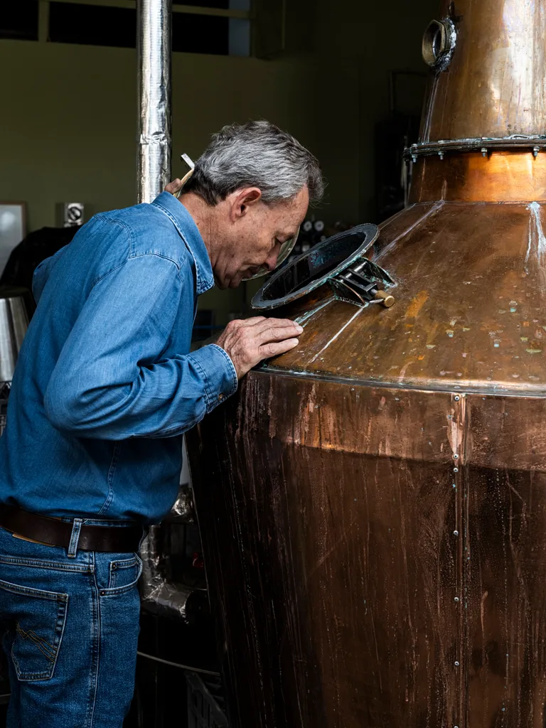 Man peering into window in large brass still at Distillery Botanica, Central Coast