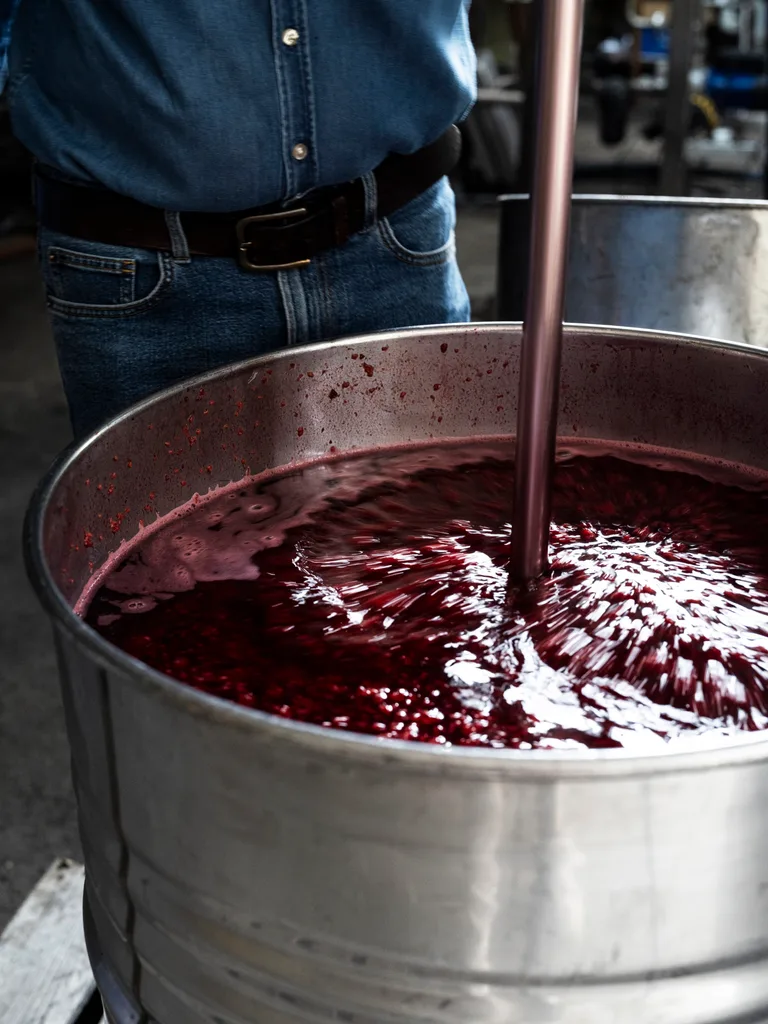 Man in denim shirt stirring large steel bucket full of red liquid