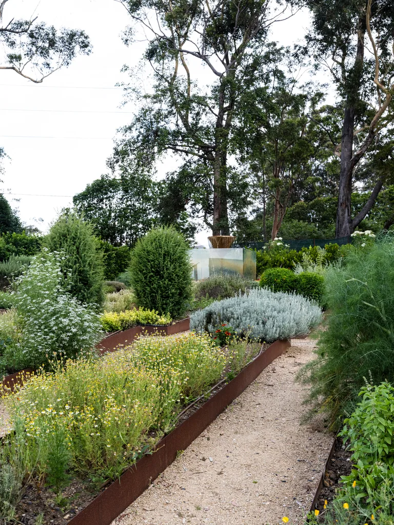 Gravel path with metal edging winding through herb garden
