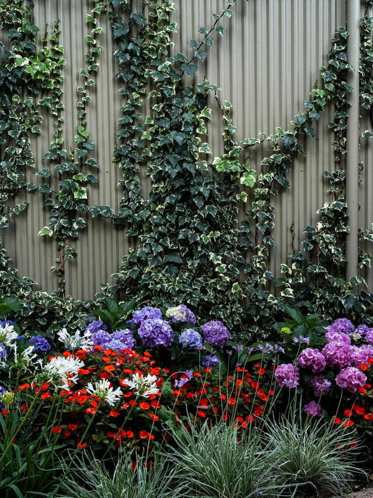 Ivy climbing up a green building with blue hydrangeas, white agapanthus and red begonias in a flower bed in front