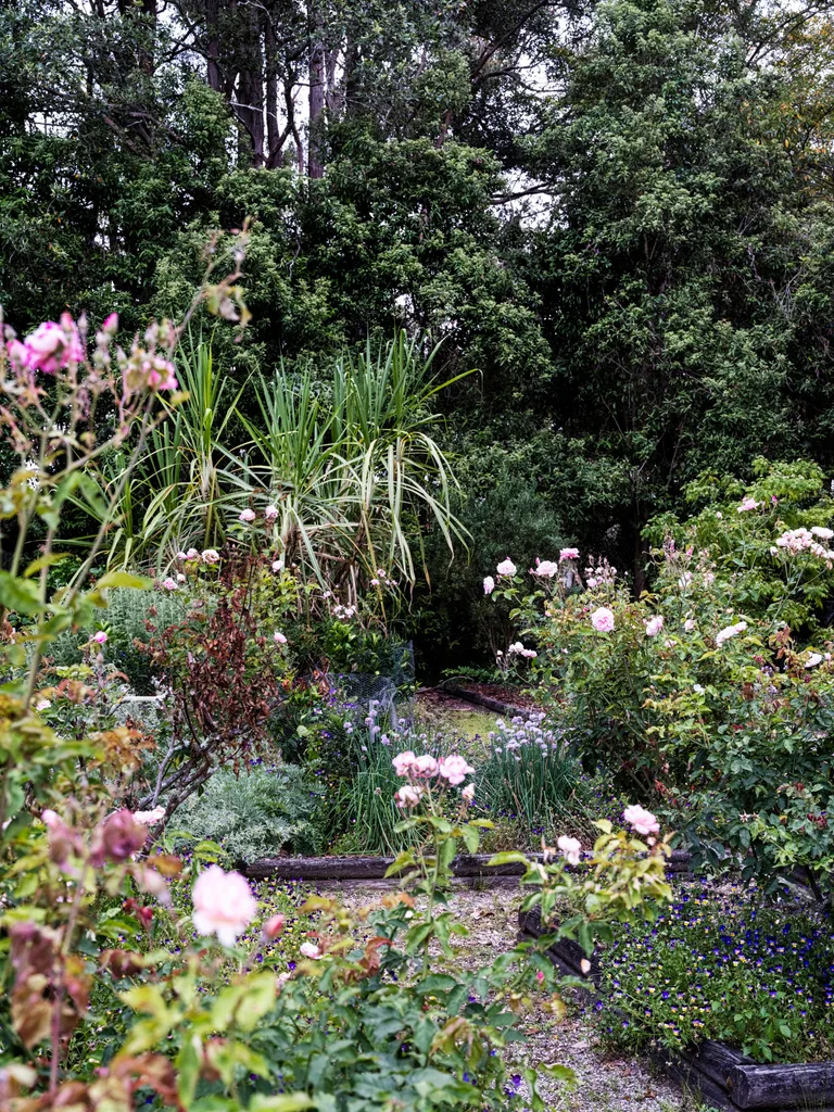 Gravel paths running through garden beds filled with pink flowers backed by tall trees