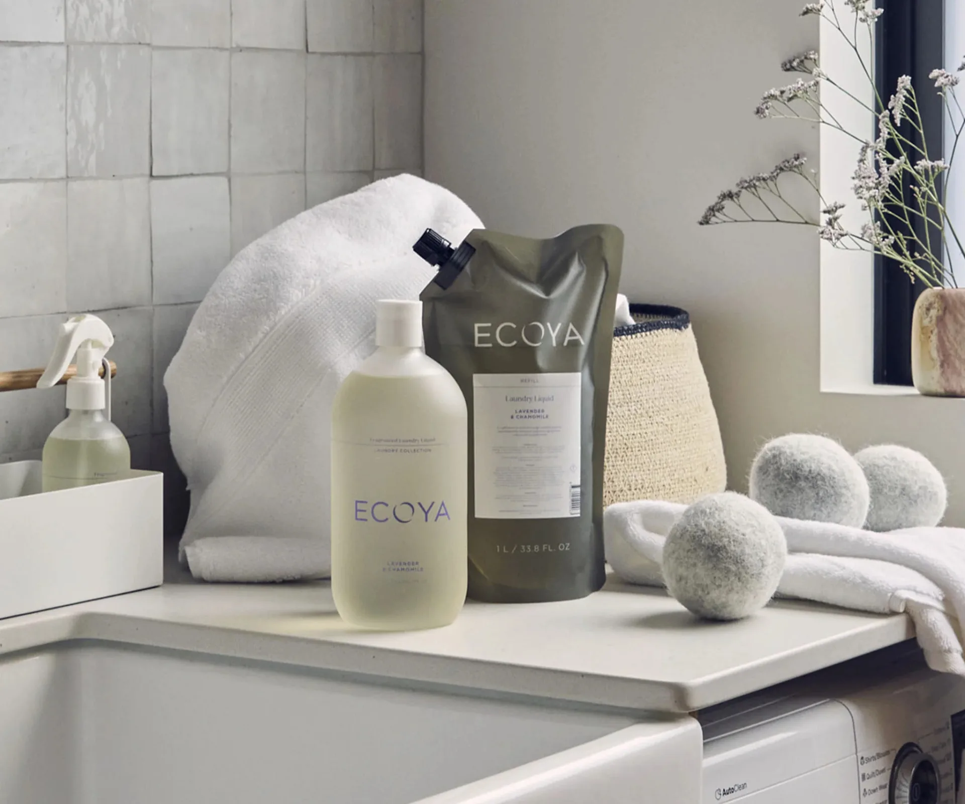Basin and towel with cleaning products