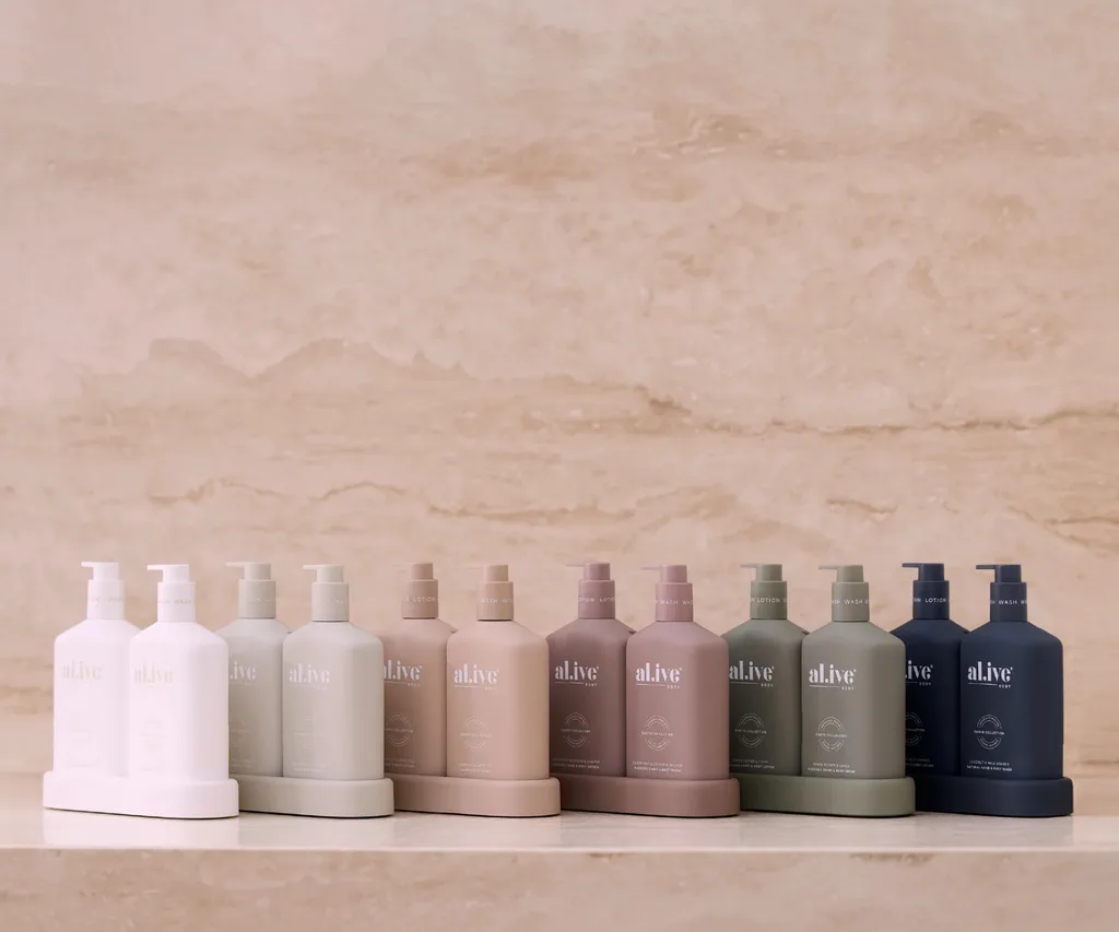 Terrazzo stone and multiple different colour soap bottles