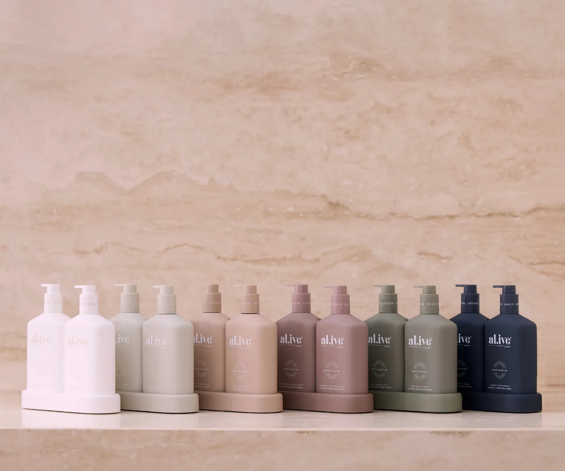 Terrazzo stone and multiple different colour soap bottles