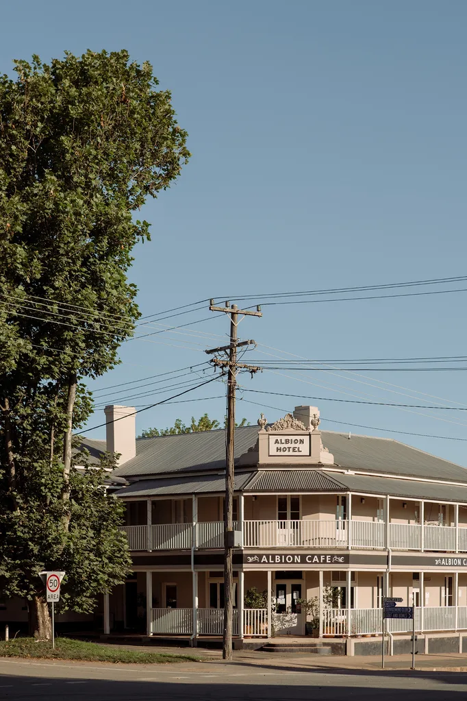 A two storey building with white verandahs all the way around sits on a street next to a tall tree.